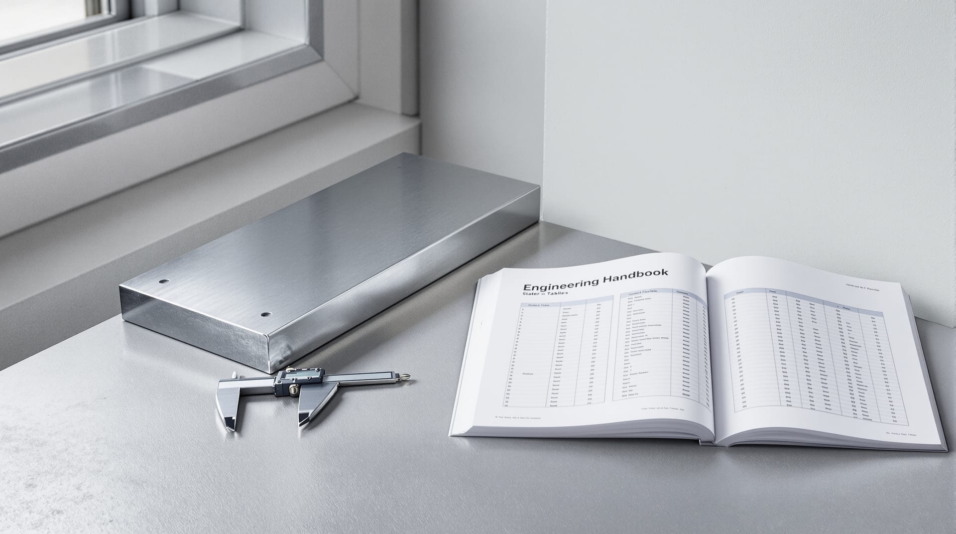 Steel offcut, open reference handbook and vernier calipers on a concrete surface