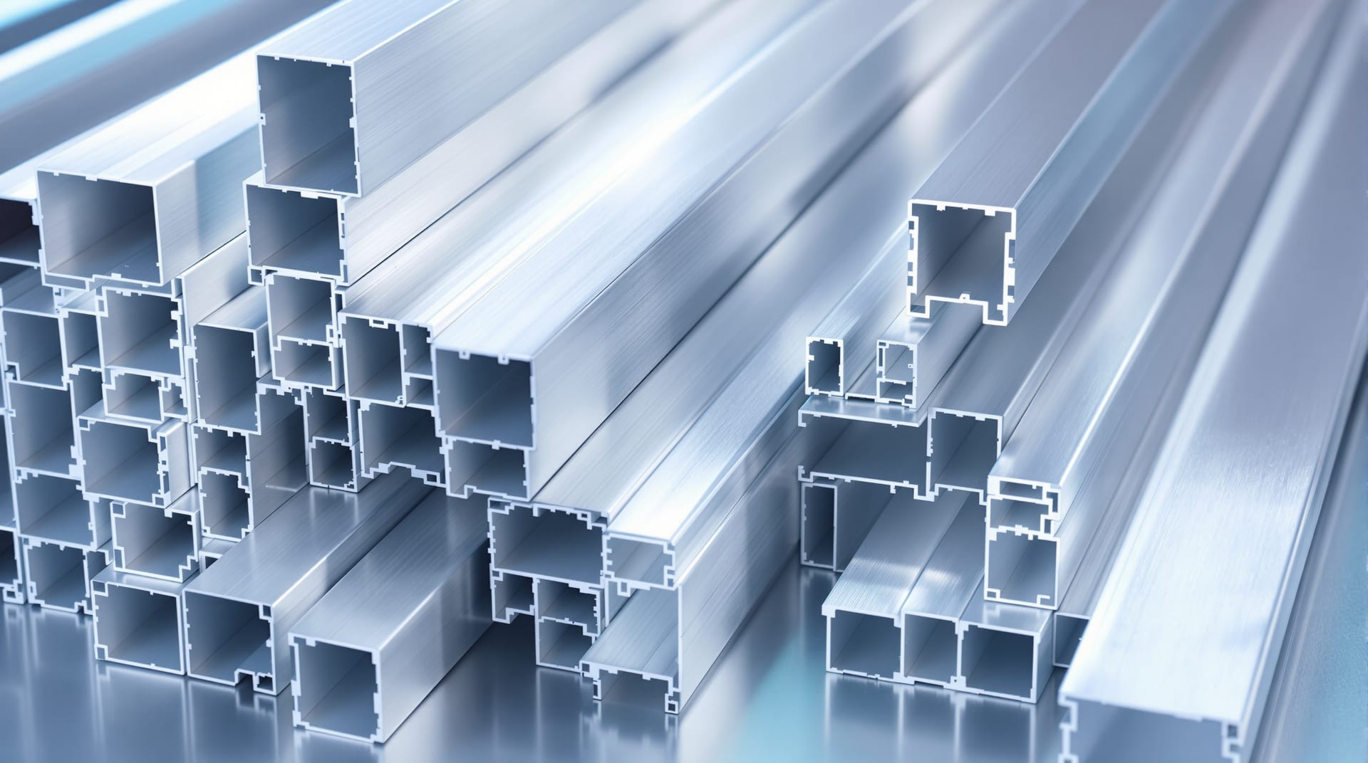Stacked aluminium extrusions including square tube, angle, channel and flat bar