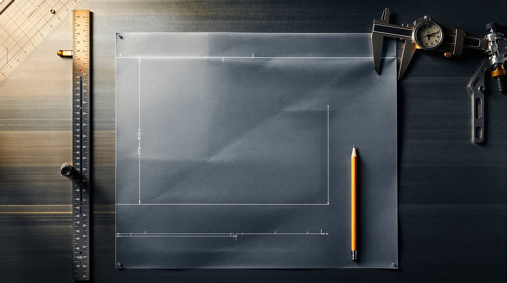 Machinist rule, caliper and technical drawing on a brushed steel surface