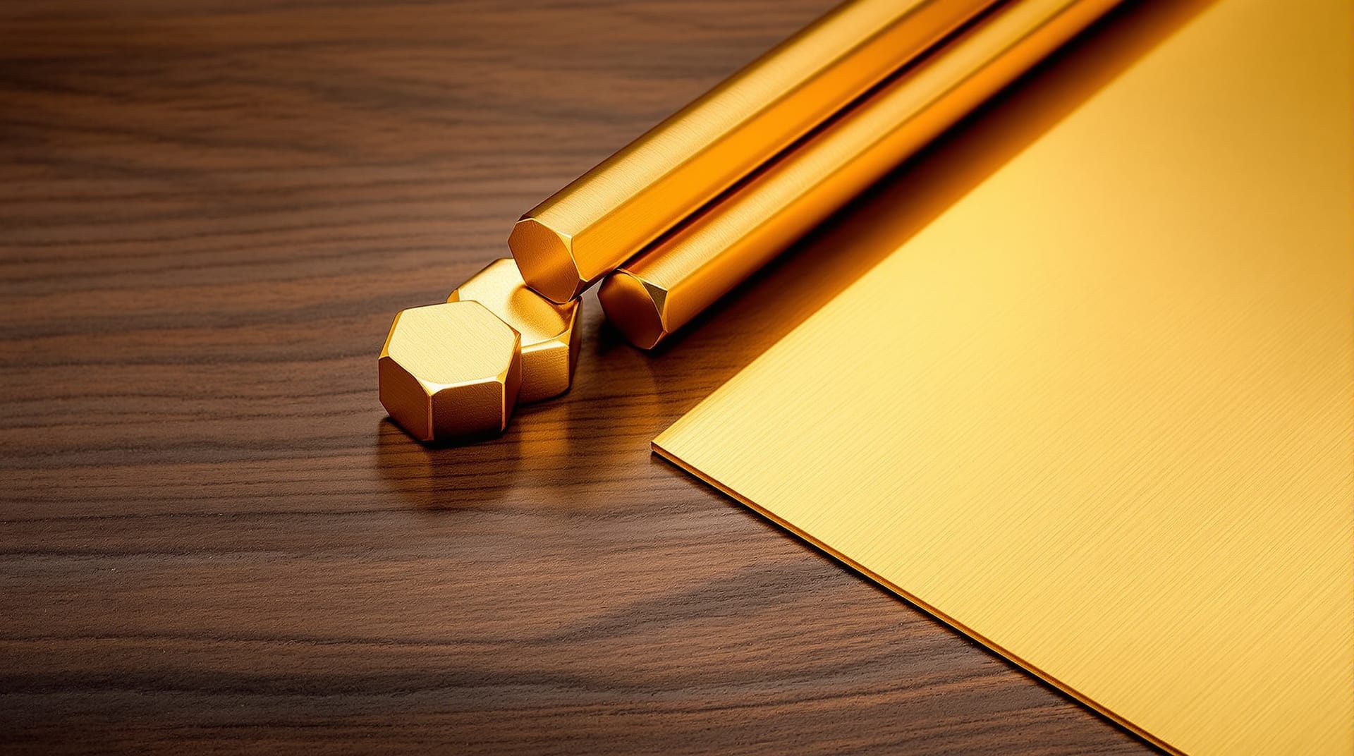Brass round bar, hexagon bar and sheet with bright freshly cut ends