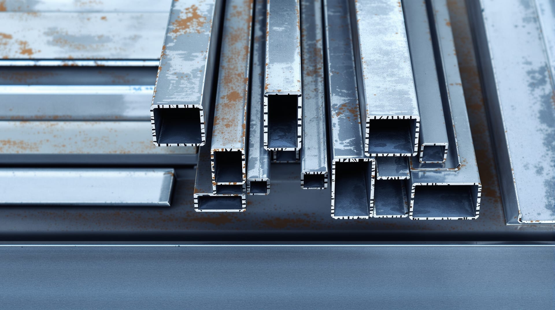 Cut ends of steel square tube, round tube, angle, channel, flat bar and beam bundled together