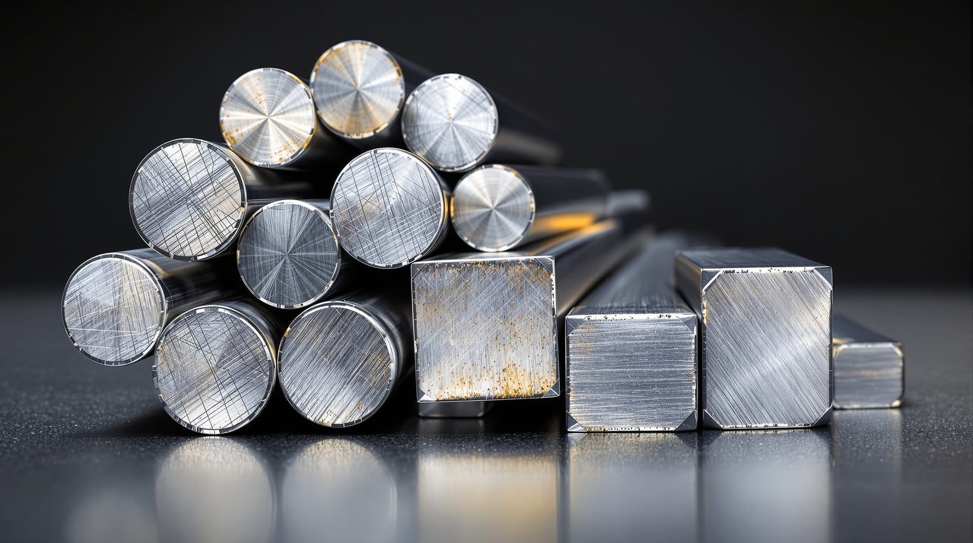 Bundle of bright cold drawn steel round bar and square bar with sharp corners