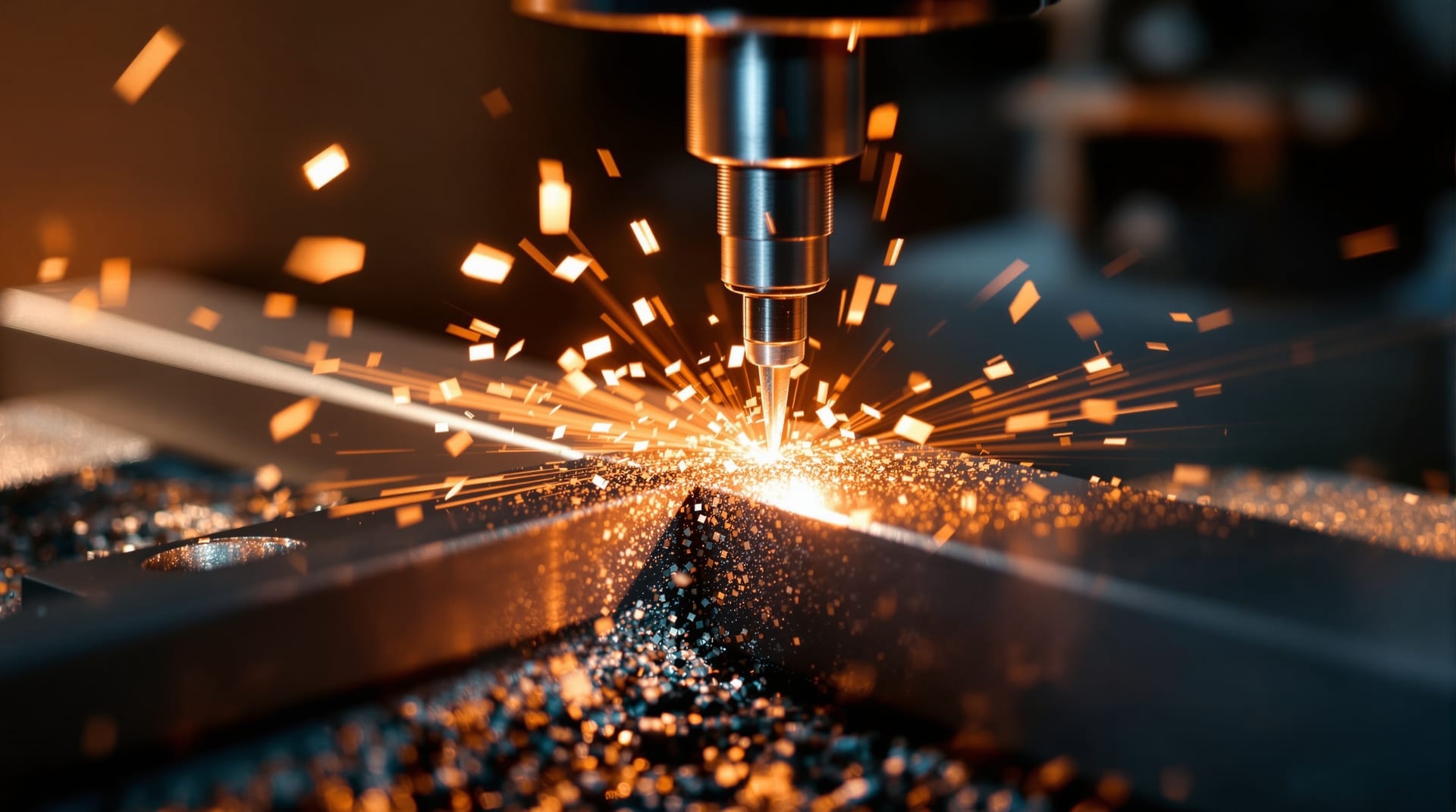 Lathe tool cutting a bright steel bar with short broken chips falling away