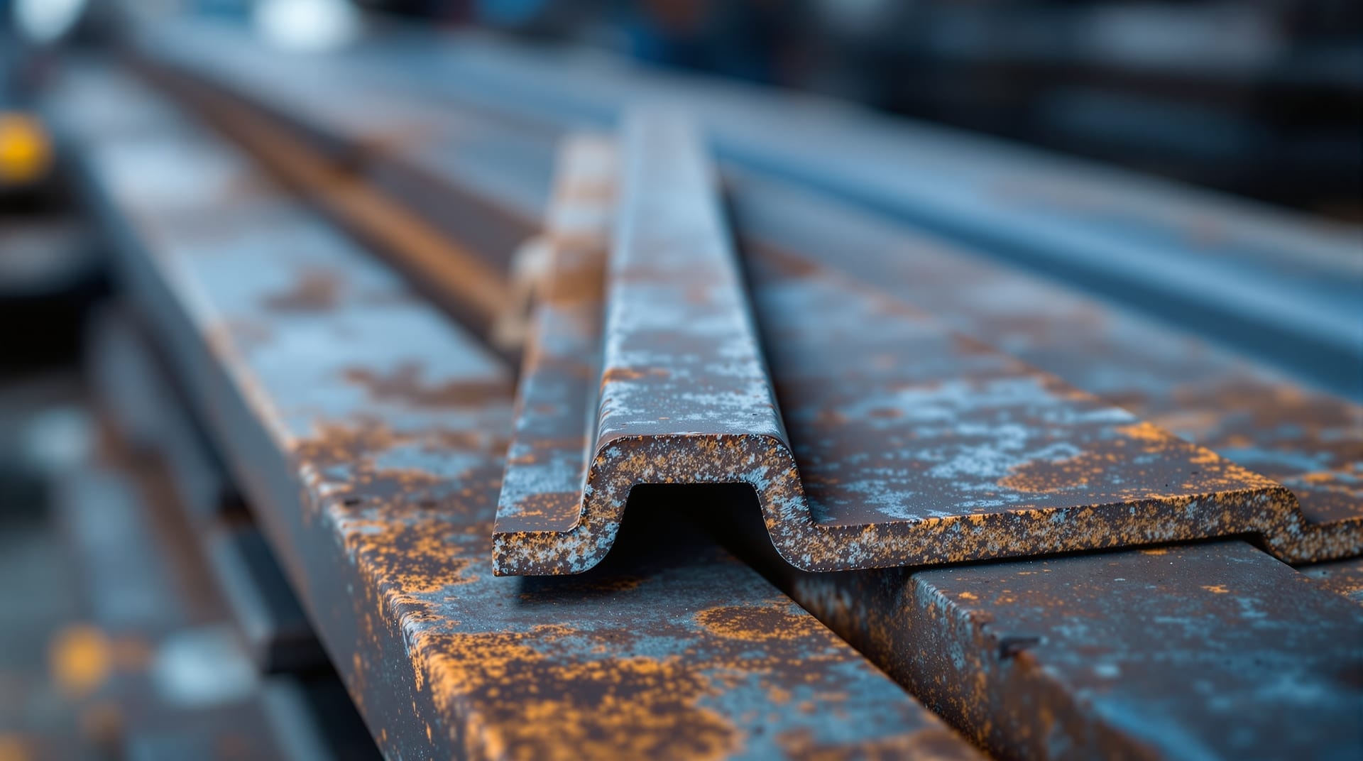 Stacked hot rolled steel angle and flat bar showing dark mill scale and rounded corners