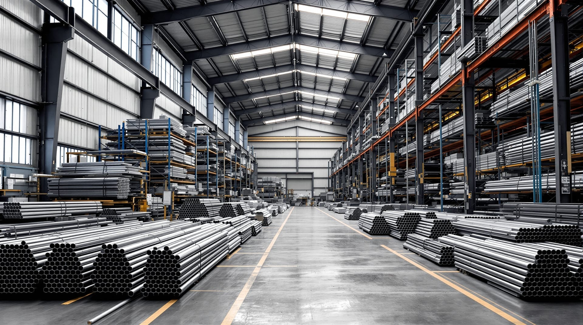 Racked bundles of steel bar and stainless tube in a metal service centre warehouse