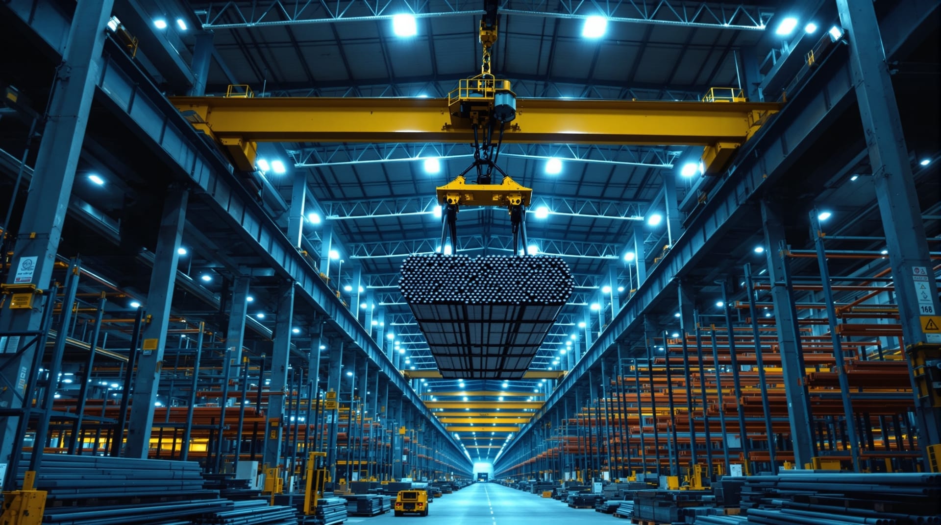 Bridge crane moving a bundle of steel bar through a metals warehouse
