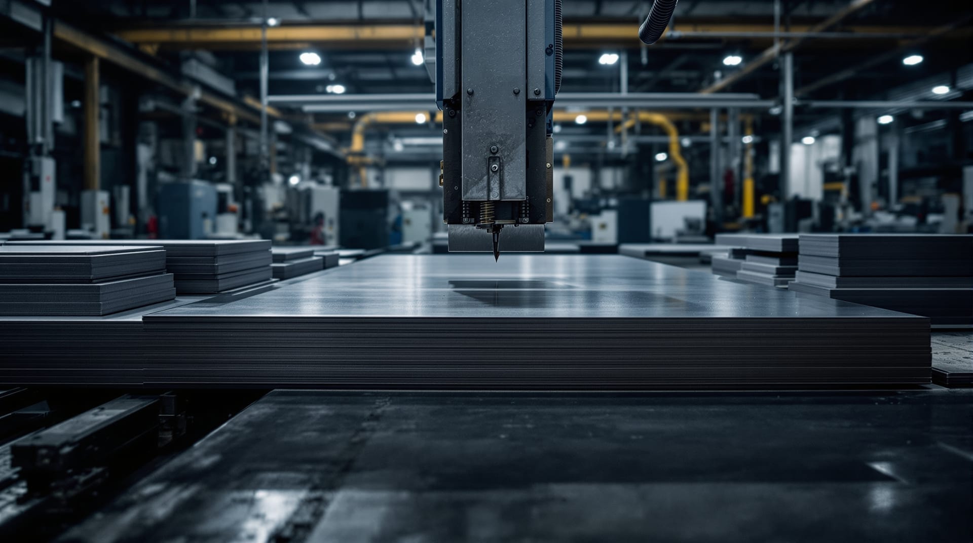 Steel sheet on a shear table with offcuts stacked alongside