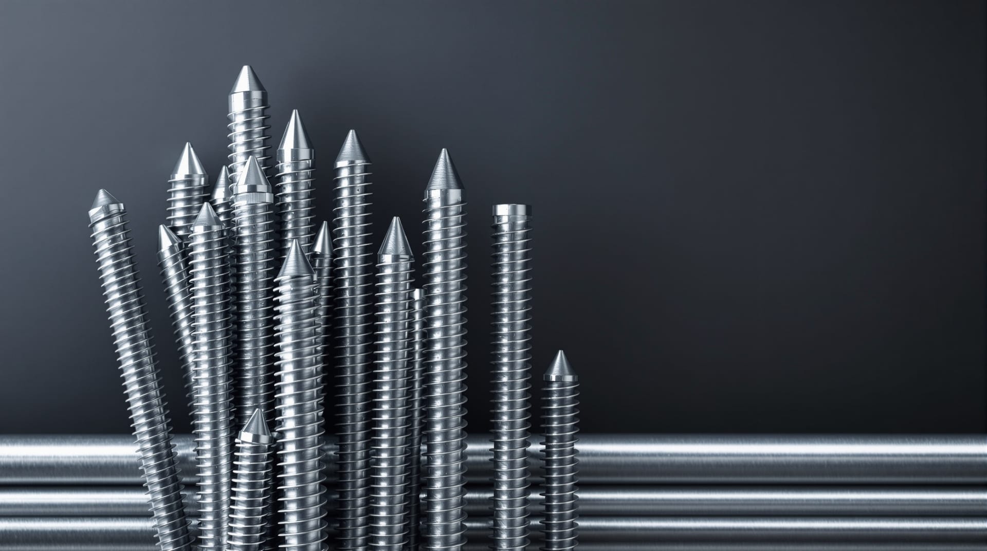 Upright bundle of stainless steel threaded rod and smooth round bar