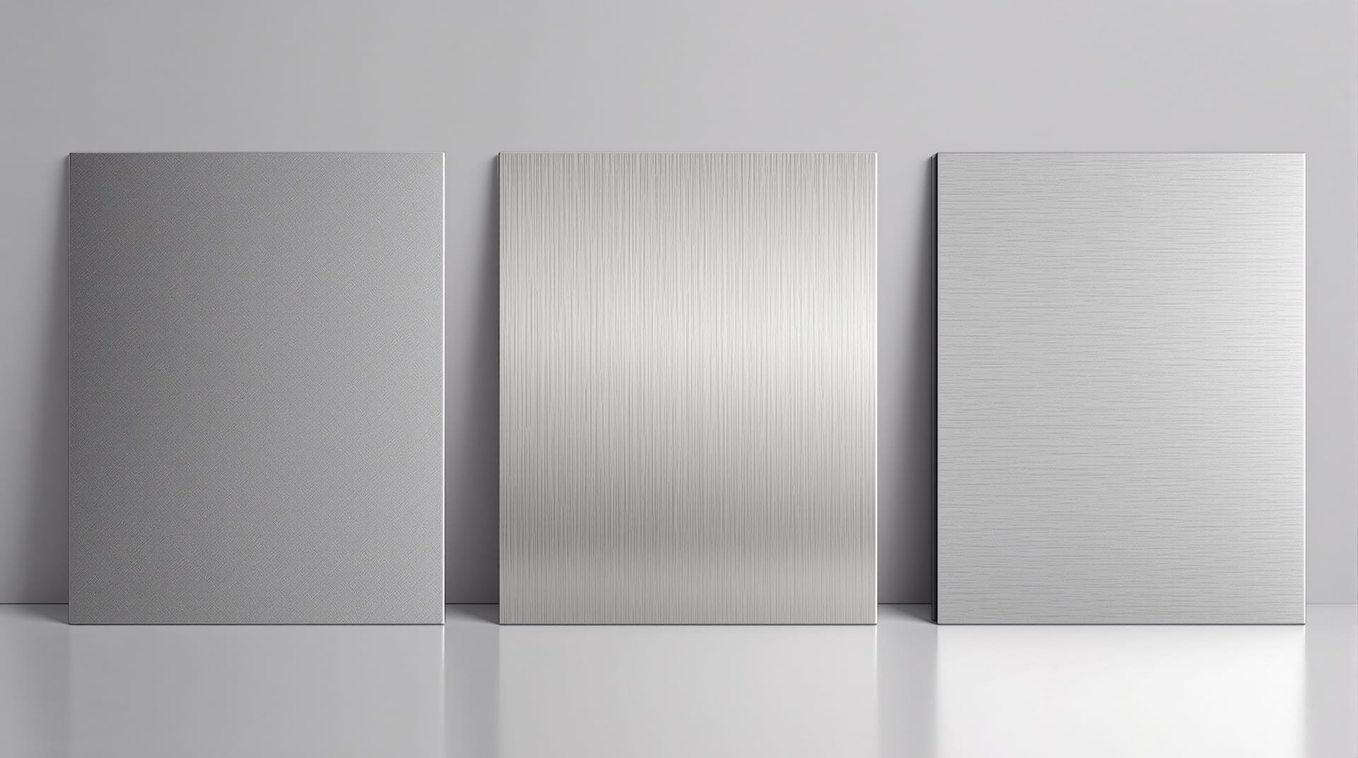 Three stainless steel sheet samples showing matte, brushed and mirror finishes