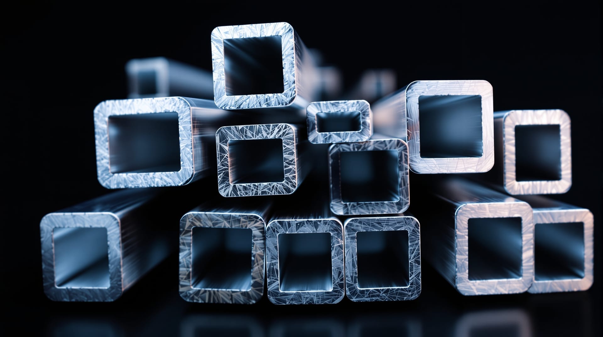 Cut ends of stainless steel square, rectangular and round tube showing wall thickness