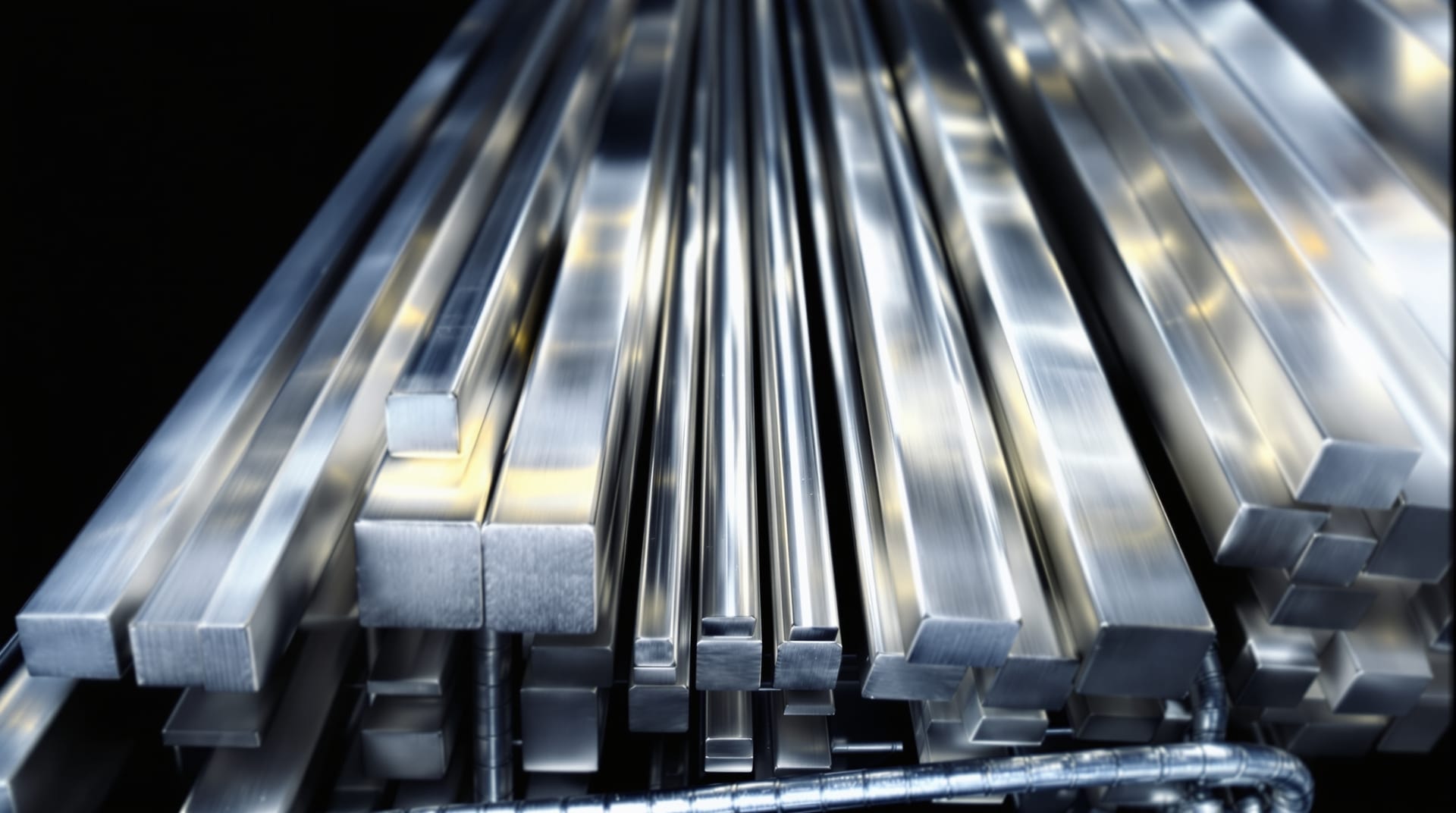 Upright bundles of brushed and polished stainless steel tube and bar