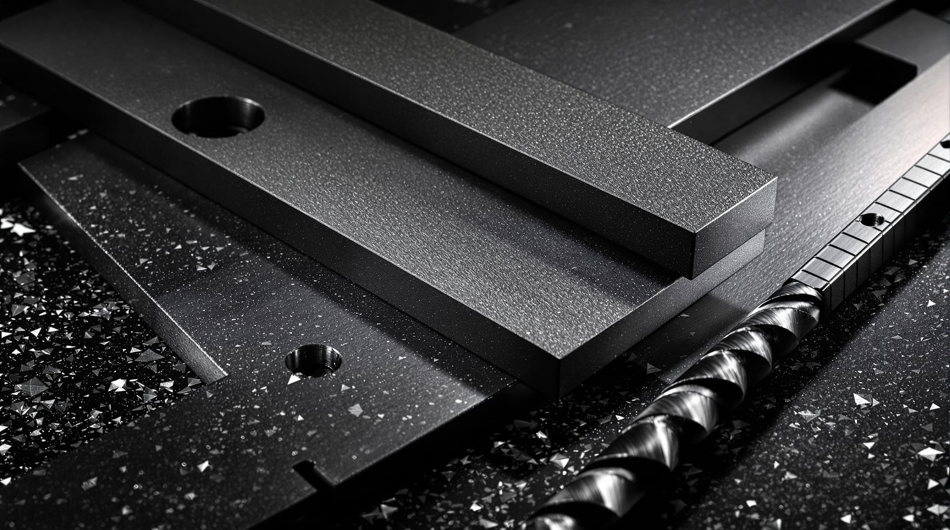 Precision ground tool steel flat stock and drill rod on a granite surface plate