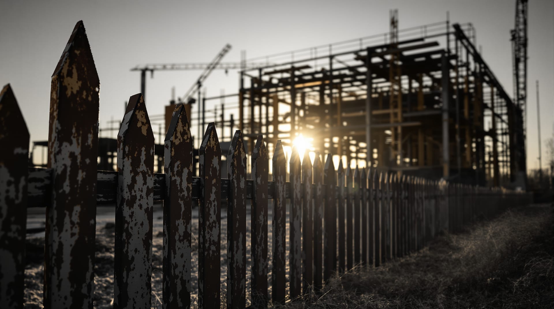 Steel picket fence in evening light with a steel building frame behind