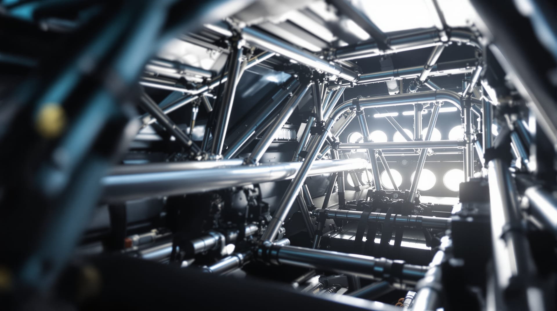 Welded tubular roll cage inside a bare racing car cockpit